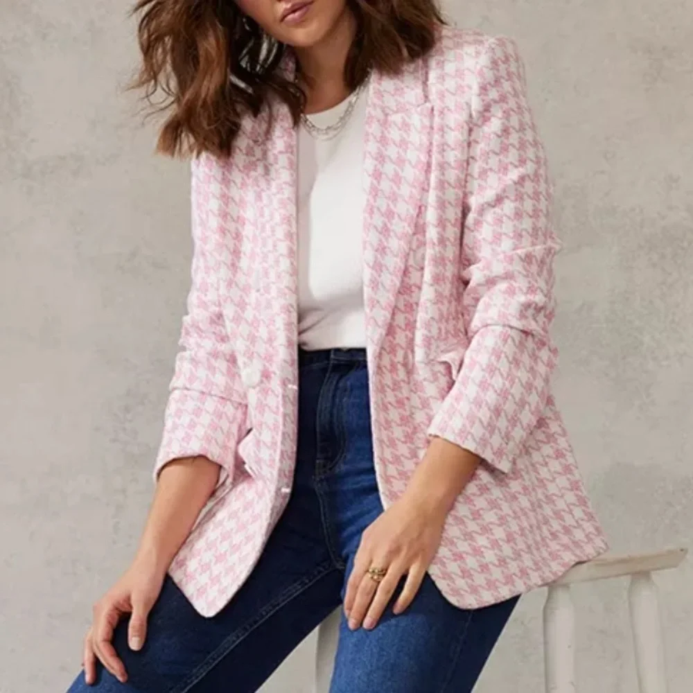 • NWOT! • Mint Velvet coton blend pink and white houndstooth blazer - Picture 10 of 11